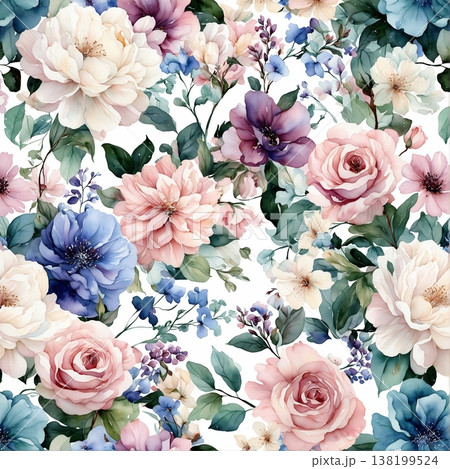 watercolor painting of leaf and flowers pattern watercolor painting of leaf and flowers pattern 138199524