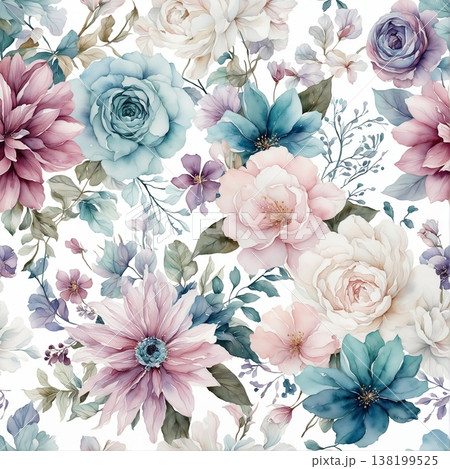 watercolor painting of leaf and flowers pattern 138199525
