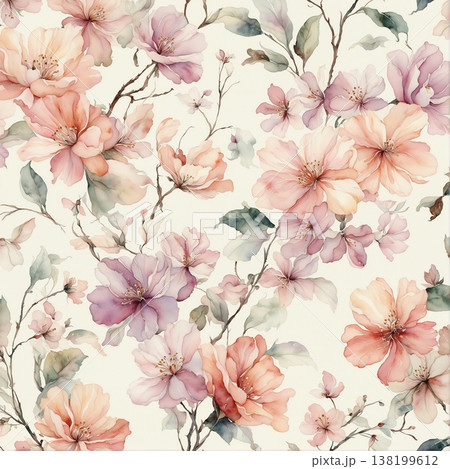 watercolor painting of leaf and flowers pattern watercolor painting of leaf and flowers pattern 138199612