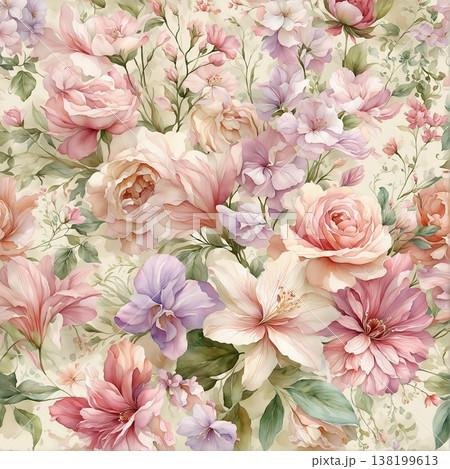 watercolor painting of leaf and flowers pattern watercolor painting of leaf and flowers pattern 138199613