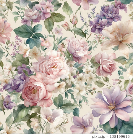 watercolor painting of leaf and flowers pattern watercolor painting of leaf and flowers pattern 138199616