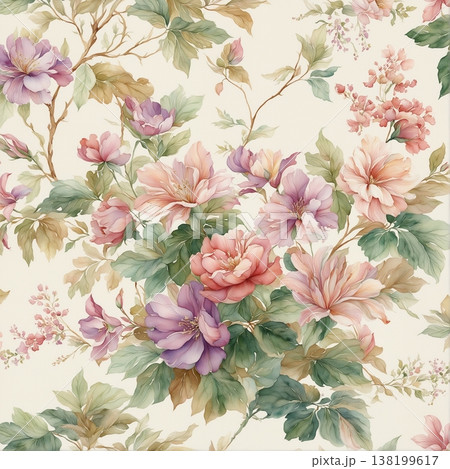watercolor painting of leaf and flowers pattern 138199617