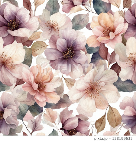 watercolor painting of leaf and flowers pattern 138199633