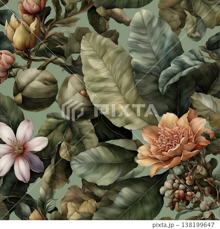 watercolor painting of leaf and flowers pattern 138199647