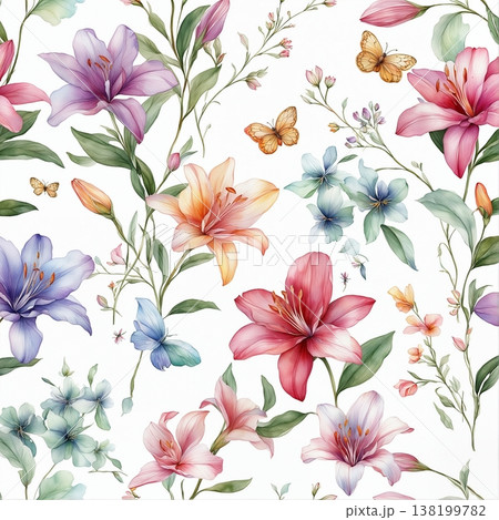 watercolor painting of leaf and flowers pattern 138199782