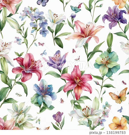 watercolor painting of leaf and flowers pattern watercolor painting of leaf and flowers pattern 138199783