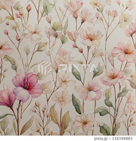 watercolor painting of leaf and flowers pattern 138199863