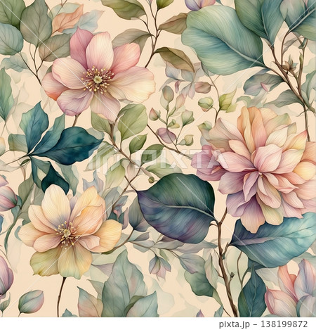 watercolor painting of leaf and flowers pattern watercolor painting of leaf and flowers pattern 138199872