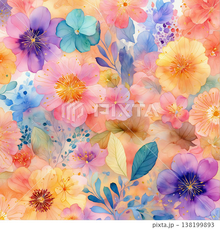 watercolor painting of leaf and flowers pattern 138199893