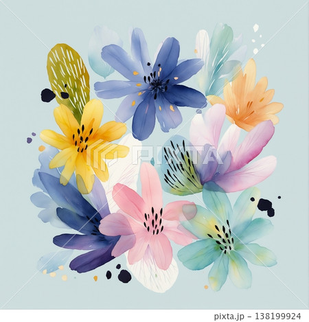 watercolor painting of leaf and flowers pattern watercolor painting of leaf and flowers pattern 138199924