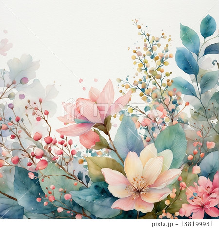 watercolor painting of leaf and flowers pattern 138199931