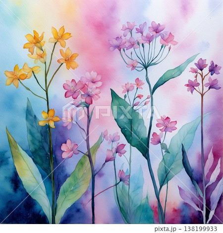 watercolor painting of leaf and flowers pattern 138199933