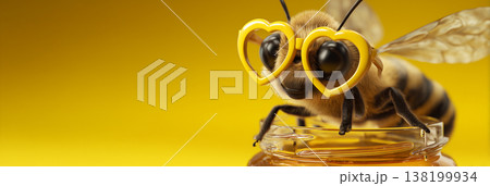 Extreme Close-up of an Adorable Bee Wearing Heart-Shaped Glasses on Honey Jar - Generative Ai 138199934