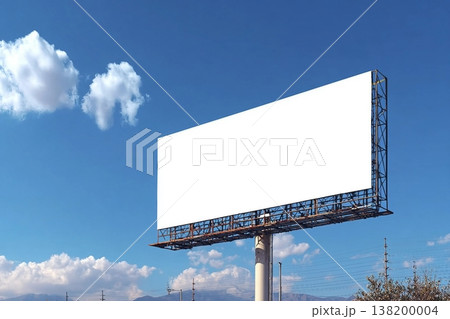 Landscape view of blank billboard mock up against blue sky background. Marketing and promotion outdoor concept Landscape view of blank billboard mock up against blue sky background. Marketing and promotion outdoor concept 138200004