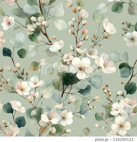 watercolor painting of leaf and flowers pattern 138200122