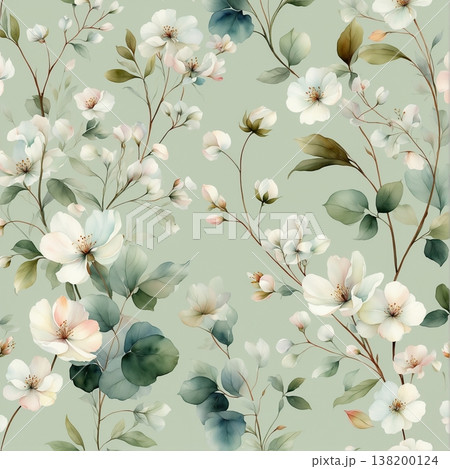 watercolor painting of leaf and flowers pattern watercolor painting of leaf and flowers pattern 138200124