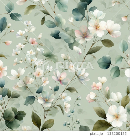 watercolor painting of leaf and flowers pattern watercolor painting of leaf and flowers pattern 138200125