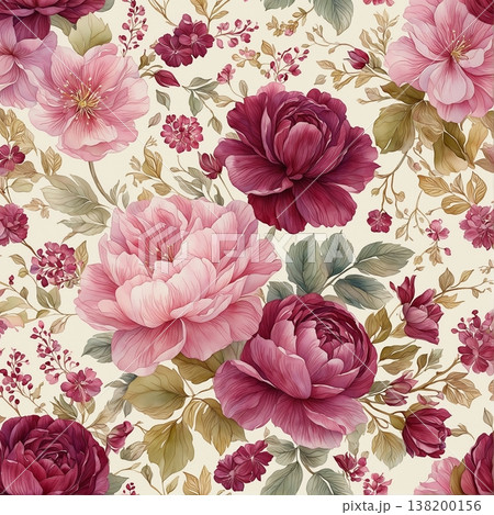 watercolor painting of leaf and flowers pattern 138200156