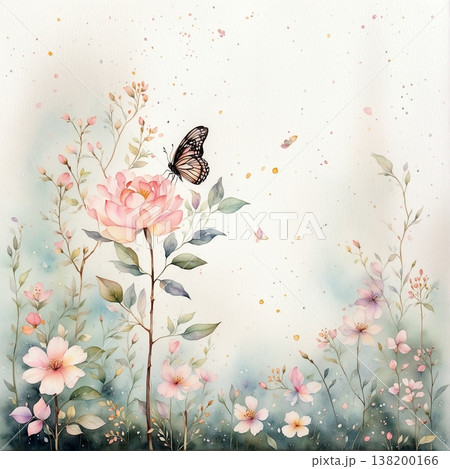 watercolor painting of leaf and flowers pattern 138200166
