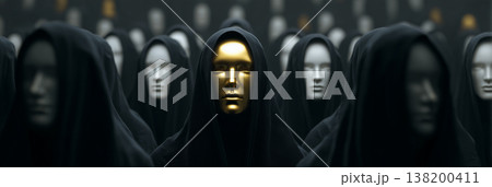 Golden Mask Standing Out in a Masked Crowd - Concept of Individuality and Thinking Outside The Box - Generative Ai 138200411