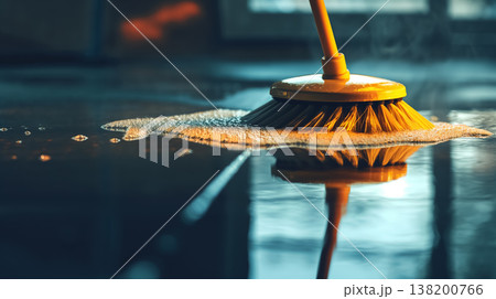 Orange floor brush sweeping water across a reflective, shiny surface, illuminated by warm sunset lighting. Orange floor brush sweeping water across a reflective, shiny surface, illuminated by warm sunset lighting. 138200766