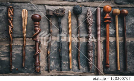Collection of diverse, handcrafted magic wands, each with unique designs and textures, displayed against a rugged stone background. 138200767