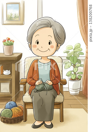リビングで編み物を楽しむシニア女性のイラスト 138200768