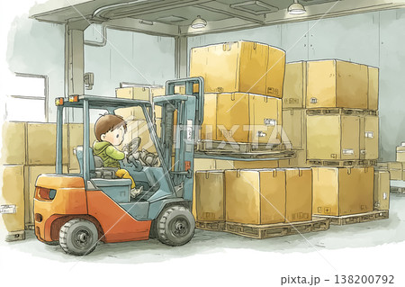 倉庫でフォークリフトを使って荷物を運ぶ作業員のイラスト 138200792
