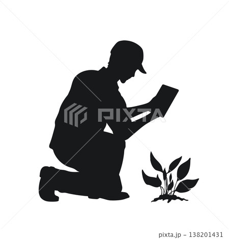 Silhouette of an agronomist with a tablet. Modern farming technologies. A man shape inspecting plants in a field. Vector illustration Silhouette of an agronomist with a tablet. Modern farming technologies. A man shape inspecting plants in a field. Vector illustration 138201431