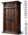 Antique wooden cabinet with intricate carvings and rich texture 138201465