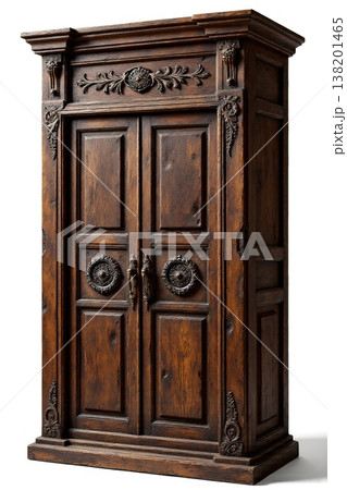 Antique wooden cabinet with intricate carvings and rich texture 138201465