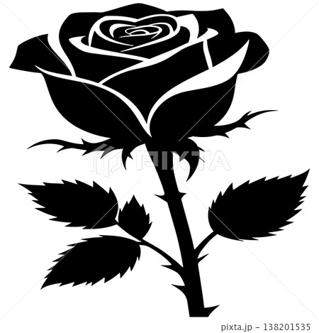 Beautiful rose flower silhouette with thorny stem and leaves for romantic floral decoration designs 138201535