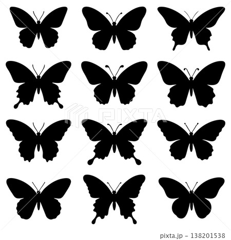 Black butterfly silhouettes collection featuring various wing shapes and symmetrical designs set on 138201538