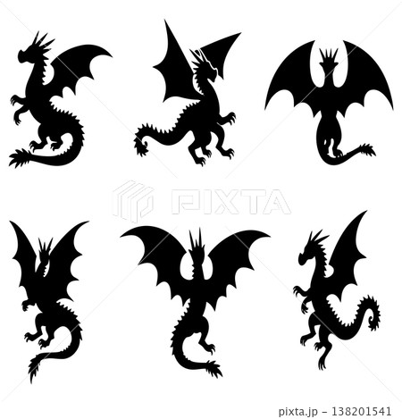 Black dragon silhouette set isolated on white background fantasy mythical creature flying monsters 138201541