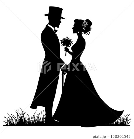 Black silhouette of a newlywed couple standing in grass, groom holding a cane and bride a bouquet 138201543
