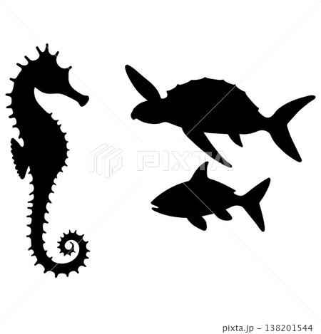 Black silhouette of three different types of fish swimming, including seahorse, turtle, and shark 138201544