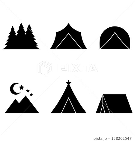 Camping icons tents mountains trees moon stars night outdoor adventure travel recreation camping site elements 138201547