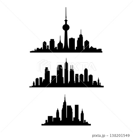 City skyline silhouette horizontal banners set displaying diverse urban architecture and tall towers 138201549