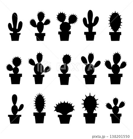Collection of black cactus plant silhouettes in pots, depicting various shapes and sizes 138201550