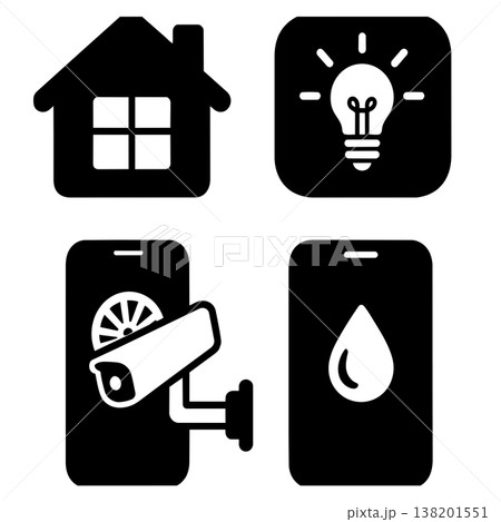 Collection of black icons related to smart home technology Collection of black icons related to smart home technology 138201551