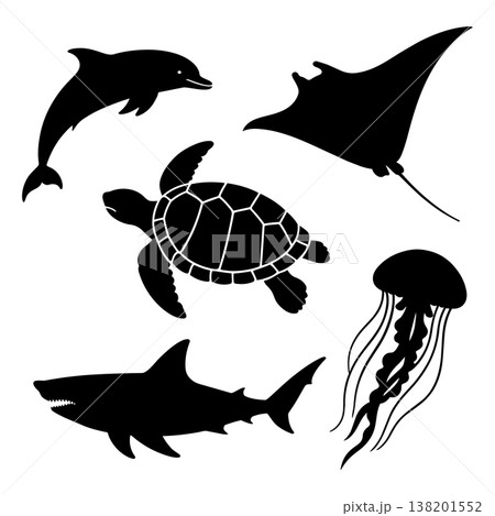 Collection of black marine animal silhouettes, ocean creatures on white background Collection of black marine animal silhouettes, ocean creatures on white background 138201552