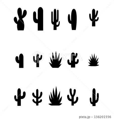 Collection of diverse cactus silhouettes isolated on white background for design elements 138201556