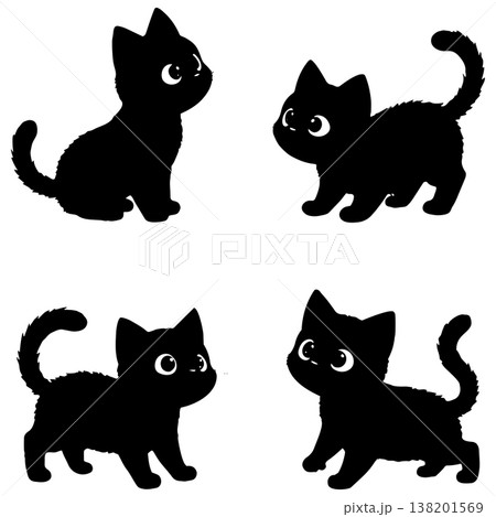 Cute black kittens silhouettes playing and sitting isolated on white background minimal design Cute black kittens silhouettes playing and sitting isolated on white background minimal design 138201569