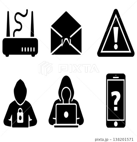 Cybersecurity icons depicting hacking and network security threats on a white background Cybersecurity icons depicting hacking and network security threats on a white background 138201571