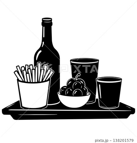 Drink and snack tray with a bottle, glasses, fries, and fruit vector illustration Drink and snack tray with a bottle, glasses, fries, and fruit vector illustration 138201579