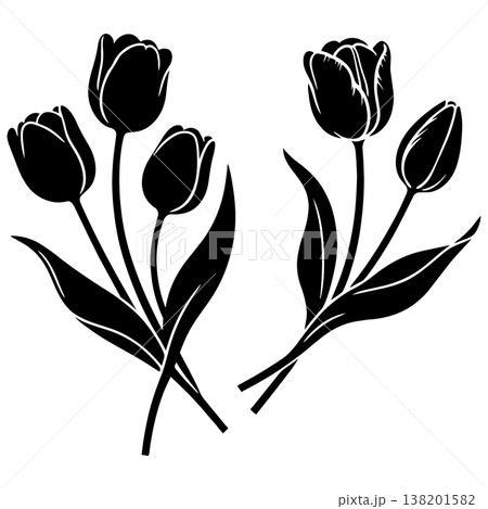 Elegant black silhouette of blooming tulips a beautiful floral design element for spring projects Elegant black silhouette of blooming tulips a beautiful floral design element for spring projects 138201582