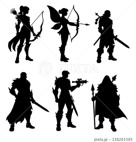 Fantasy warrior and archer character silhouettes in various action poses, isolated on white background Fantasy warrior and archer character silhouettes in various action poses, isolated on white background 138201585