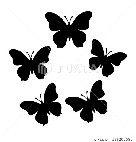Five black butterfly silhouettes arranged in a circular pattern on white background Five black butterfly silhouettes arranged in a circular pattern on white background 138201586