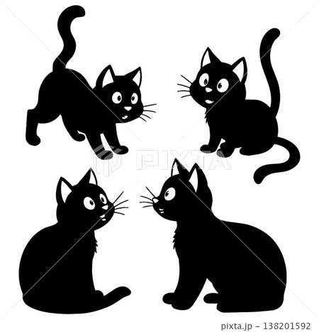 Four black cat silhouettes in various playful and sitting poses isolated on white background Four black cat silhouettes in various playful and sitting poses isolated on white background 138201592