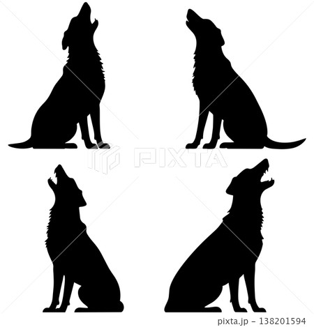 Four black silhouettes of howling wolves or dogs sitting in various positions 138201594